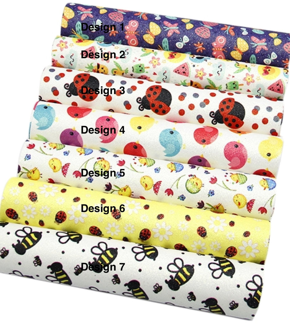 Glittery summer birds and insects faux leather sheets great for bows and earrings TheFabricDude