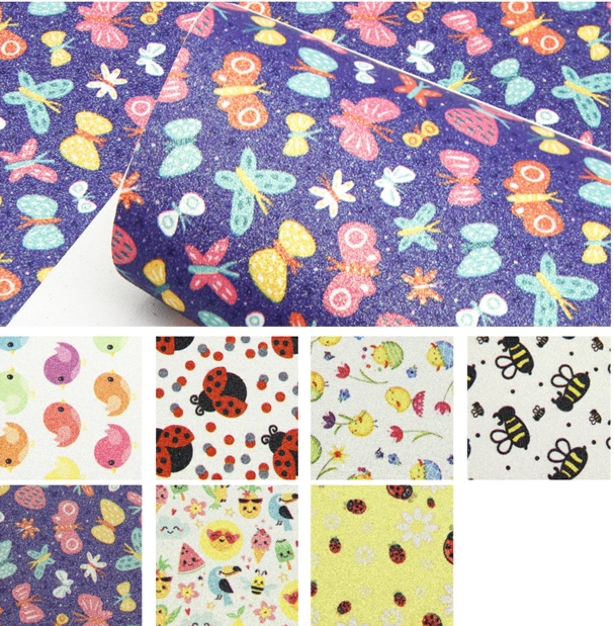 Glittery summer birds and insects faux leather sheets great for bows and earrings TheFabricDude