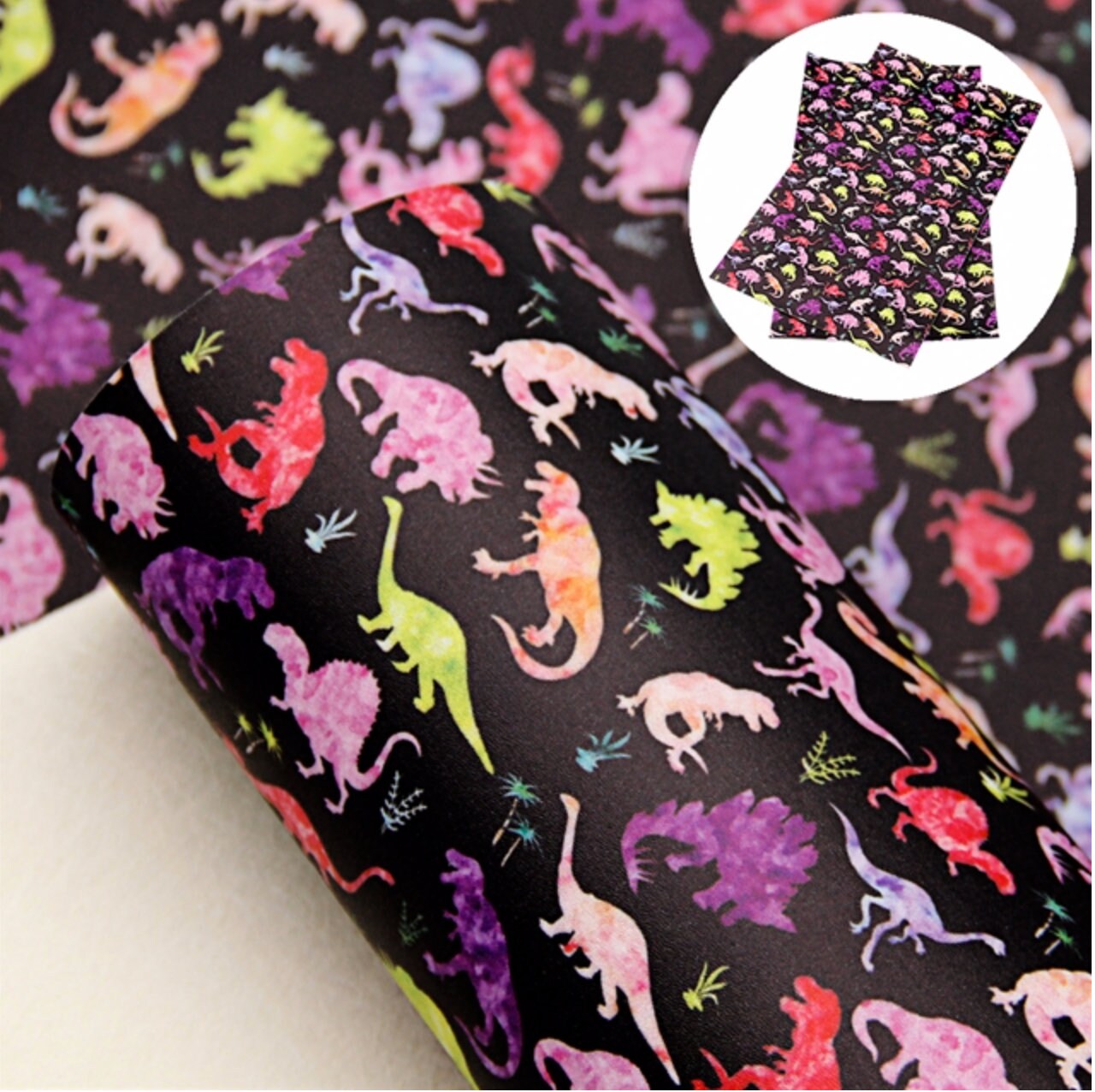 Multi-color Dinosaur on Black faux leather sheets great for bows and earrings TheFabricDude