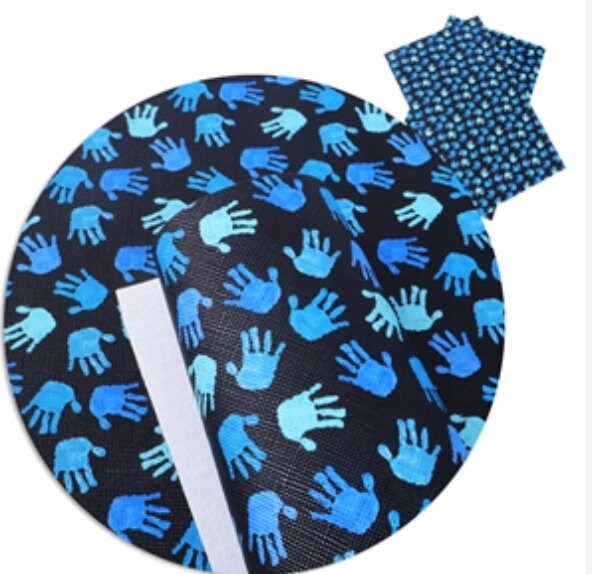 Blue Handprints/Autism Awareness faux leather sheets great for bows and earrings TheFabricDude