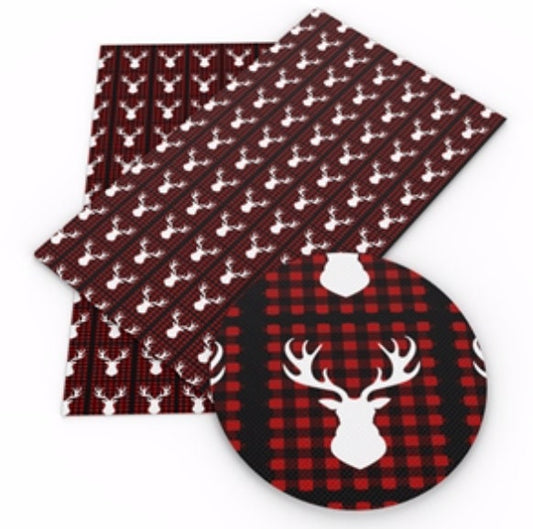 Buffalo Plaid Reindeer around faux leather sheets great for bows, jewelry, wallets, keychains and more TheFabricDude