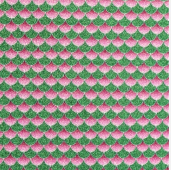 Shimmering pink and green fish scales faux leather sheets great for bows TheFabricDude