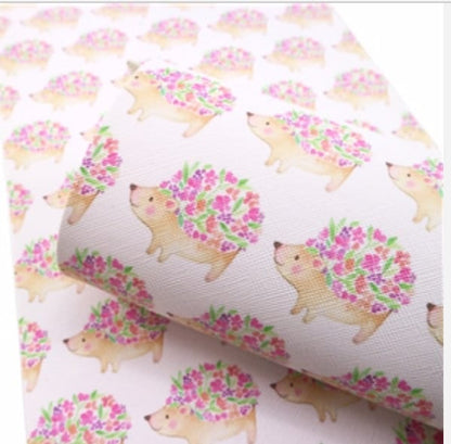 Hedgehog with Flowers print faux leather sheets great for bows, earrings, wallets, keychains, purses TheFabricDude