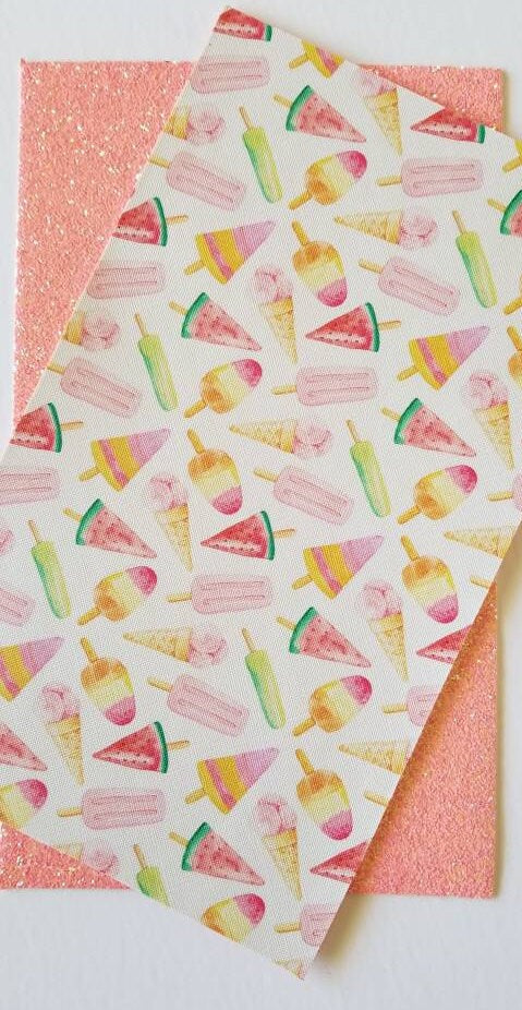 Double Sided Summer Treats faux leather, Popsicles, Watermelon, Ice cream print with Pink Chunky glitter on reverse TheFabricDude