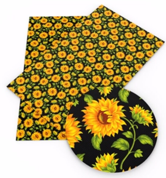 Sunflower on Black smooth faux leather sheets great for bows and earrings TheFabricDude