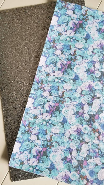Blue Double Sided Flower faux leather, Blue and Purple flowers and Silver Chunky glitter TheFabricDude