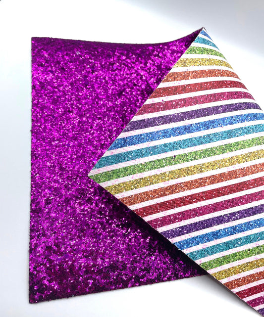 Double Sided Rainbow Striped faux leather, Rainbow and Purple Chunky glitter TheFabricDude