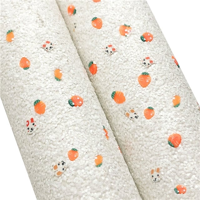 White with Bunnies and Carrots Glitter faux leather sheet great for bows and earrings TheFabricDude