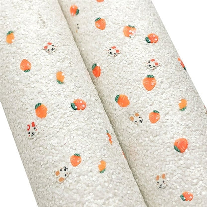 White with Bunnies and Carrots Glitter faux leather sheet great for bows and earrings TheFabricDude