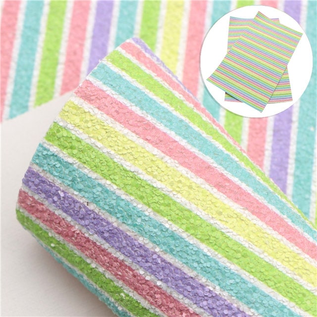Pastel Rainbow Striped Easter Glitter faux leather sheet great for bows and earrings TheFabricDude