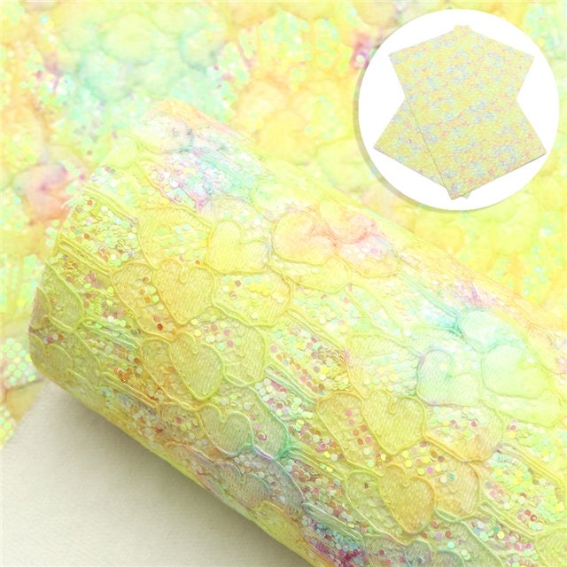 Yellow Mix Love Lace Chunky Glitter faux leather sheet great for bows and earrings TheFabricDude