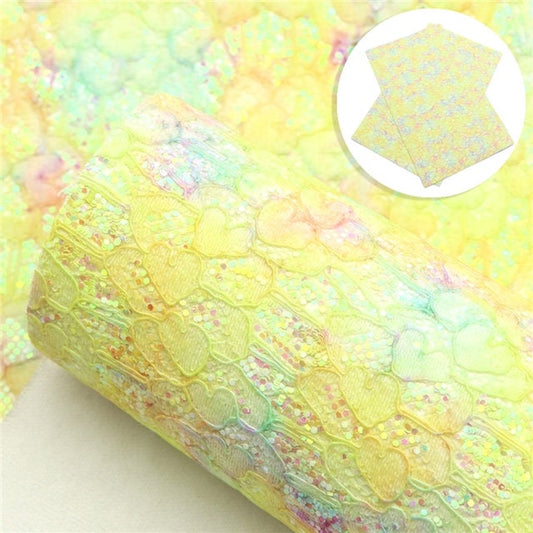 Yellow Mix Love Lace Chunky Glitter faux leather sheet great for bows and earrings TheFabricDude