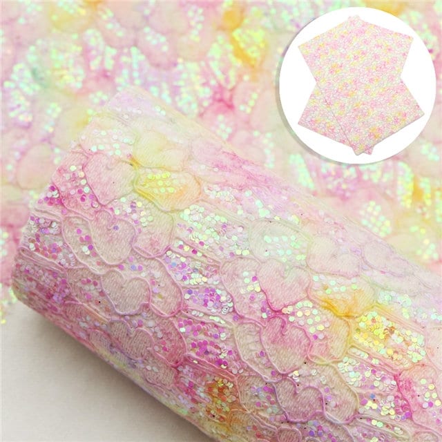 Pink Yellow Mix Love Lace Chunky Glitter faux leather sheet great for bows and earrings TheFabricDude
