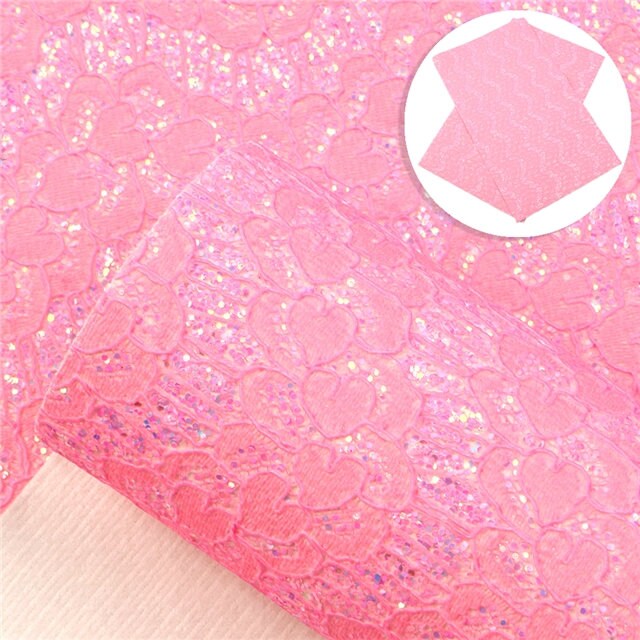 Neon Pink Love Lace Chunky Glitter faux leather sheet great for bows and earrings TheFabricDude