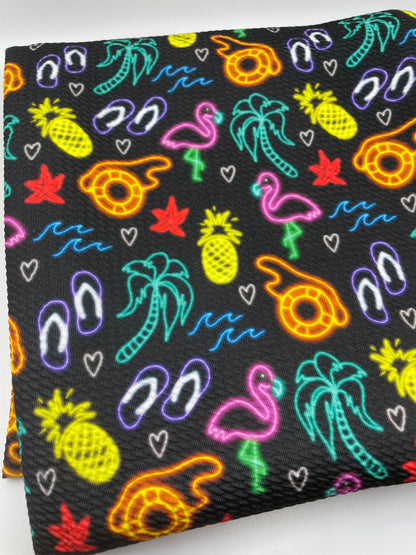 Neon Summer Pineapple Flamingo Waves Vibrant Summery Print Bullet Liverpool Fabric Bows Top Knots Headwraps Babies Bow TheFabricDude