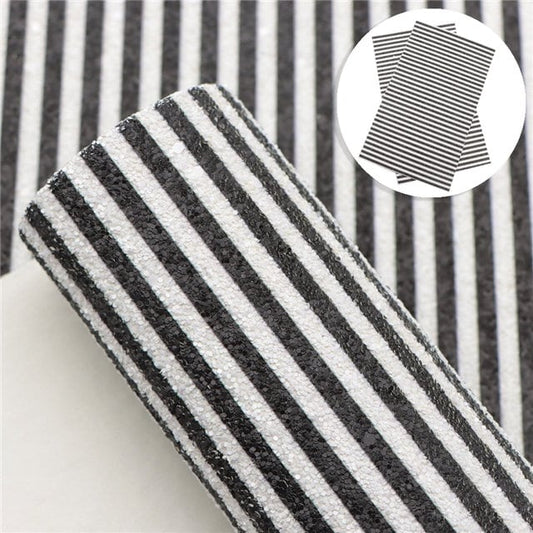 Black and White Striped Chunky Glitter faux leather sheets great for bows and earrings TheFabricDude