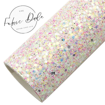 White and Pink Chunky Disco Glitter faux leather sheet great for bows and earrings TheFabricDude