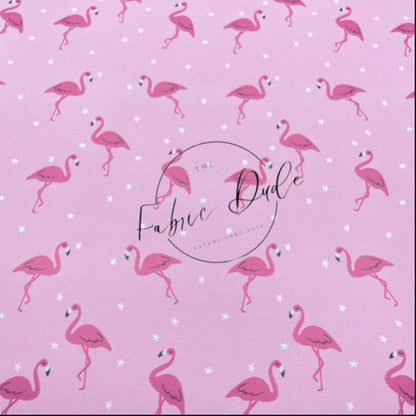 Flamingos and Stars Print Smooth Faux Leather Sheet | SkyyDesignsCo | great for bows and earrings | TheFabricDude | Key chains, key fobs