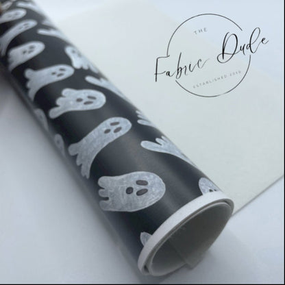 Simplistic Ghost Halloween Print Smooth Faux Leather Sheet | SkyyDesignsCo | great for bows and earrings | TheFabricDude | Key chain key fob