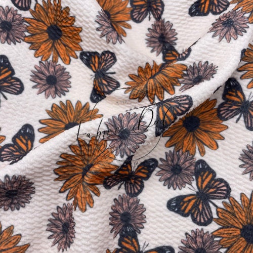 Monarch Butterflies and Sunflowers Print Textured Bullet Liverpool Fabric |SkyyDesignsCo. | TheFabricDude |