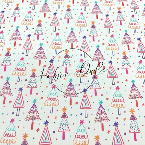Boho Colorful Christmas Trees Print Smooth Faux Leather Sheet | Brittany Frost | great for bow earrings | TheFabricDude | Keychain keyfob