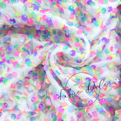 White with Multi-Colored Sequins Velvet Fabric perfect for bow making, headwraps, top knots, turbans, baby girl girl mom baby shower gift