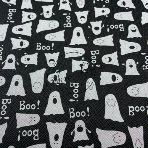 Boo Ghost Halloween Print Faux Leather Sheet | great for bows and earrings| TheFabricDude |Key chain key fob bows bookmarks chapstick holder