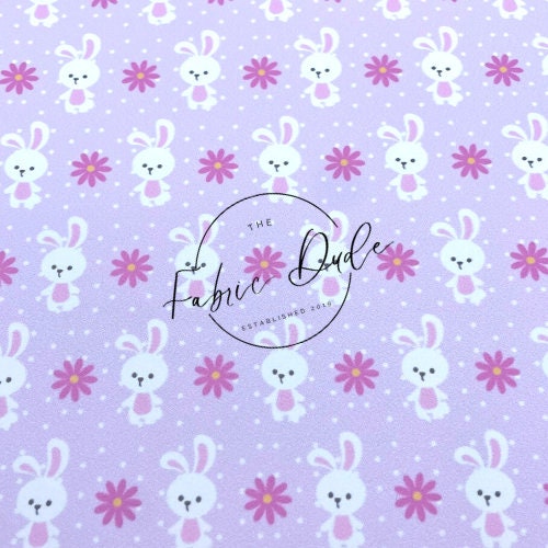 Rabbit Bunny Easter Floral Lilac Polka Dot Print Smooth Faux Leather Sheet | great for bows and earrings Key chain key fob | TheFabricDude |