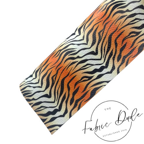 Tiger Stripe Orange White Black Print Smooth Faux Leather Sheet | great for bows and earrings Keychains | TheFabricDude | Key chain key fob