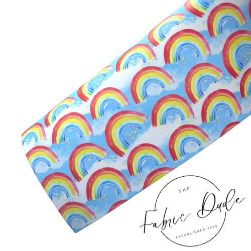 Rainbow Mythical Clouds Fairytale Colorful Print Smooth Faux Leather Sheet | great for bows and earrings Key chain key fob | TheFabricDude |