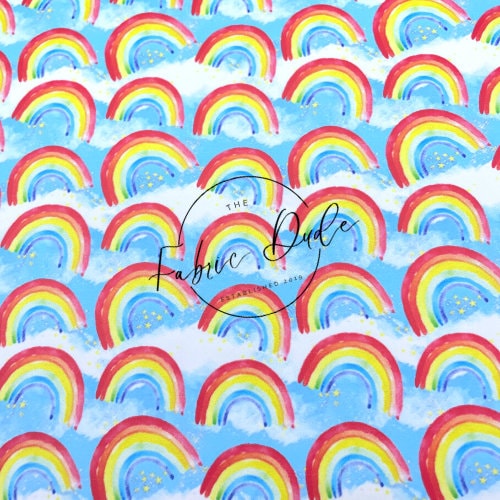 Rainbow Mythical Clouds Fairytale Colorful Print Smooth Faux Leather Sheet | great for bows and earrings Key chain key fob | TheFabricDude |