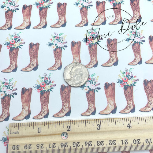 Cow Girl Boy Boots Floral Arrangement Print Smooth Faux Leather Sheet | great for bows and earrings Key chain key fob | TheFabricDude |